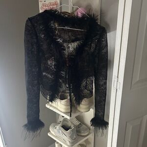 SHEIN Black Sheer Lace Jacket with Feather Accents